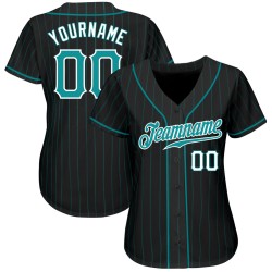 Benutzerdefiniertes authentisches Baseball-Trikot in Schwarz, Aqua, Nadelstreifen, Blaugrün und Weiß