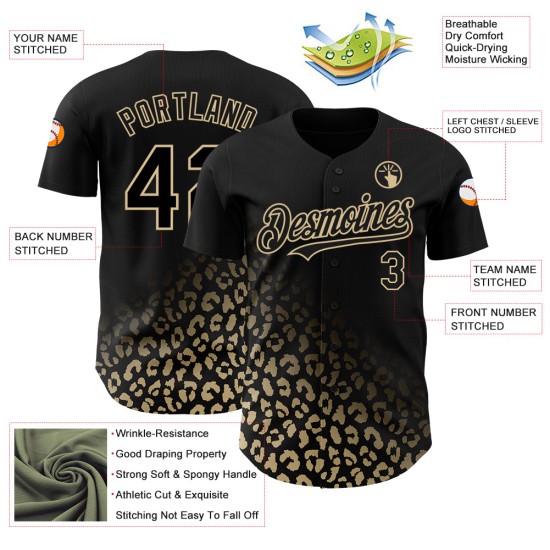 3D Gold Leopard Vegas Authentic Baseball Design Print Mode Benutzerdefinierte Muster Schwarz Verblassen Jersey