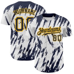 Shape Custom Authentic Navy-Gold Design Weiß 3D Jersey Baseball Scharfes Abstraktes Muster