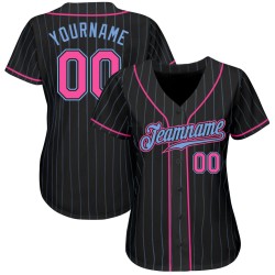 Benutzerdefiniertes schwarzes hellblaues Nadelstreifen-pink-hellblaues authentisches Baseball-Trikot
