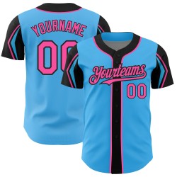 Pink-Schwarzes Trikot mit benutzerdefinierten authentischen Armfarben, Himmelblau, Baseballblau 3