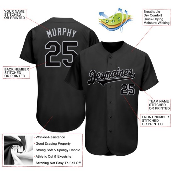 Benutzerdefiniertes schwarzes und graues authentisches Baseball-Trikot